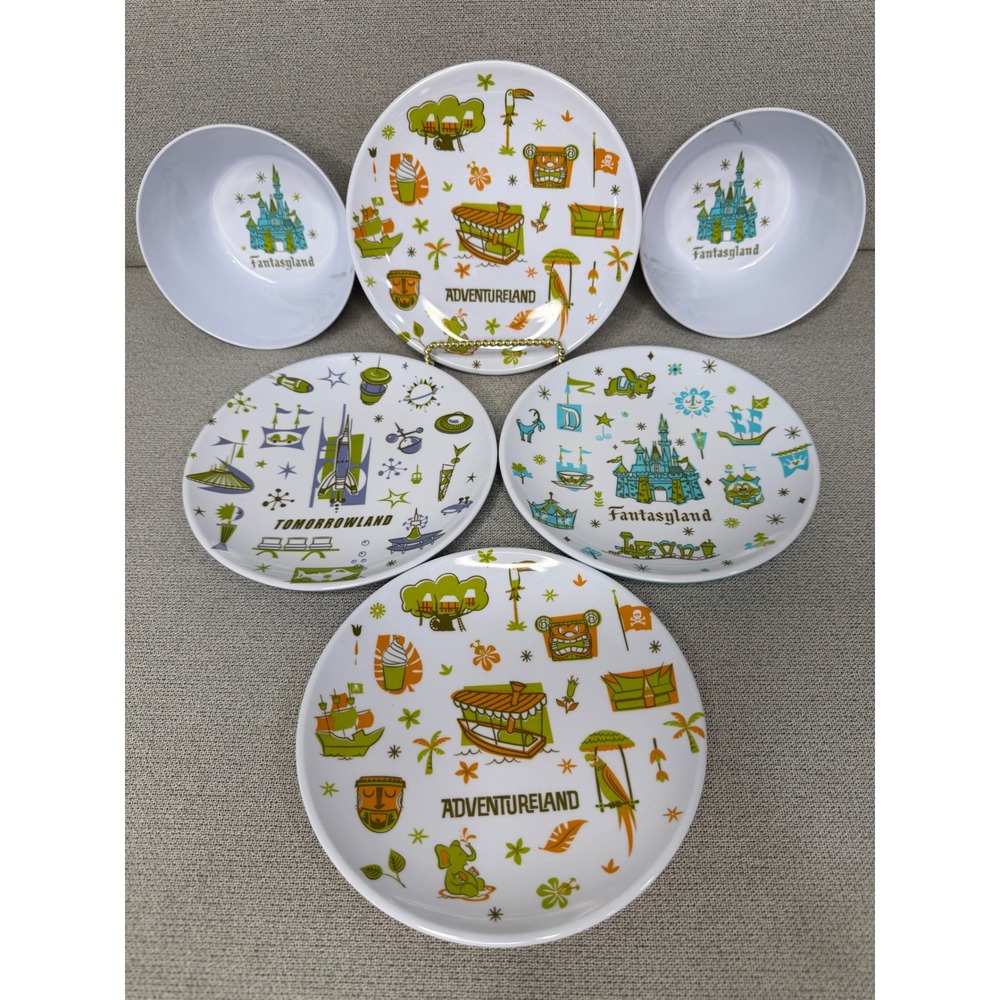 Disney Parks Melamine Plate Bowl Set Adventureland Fantasyland Tomorrowland 6pc